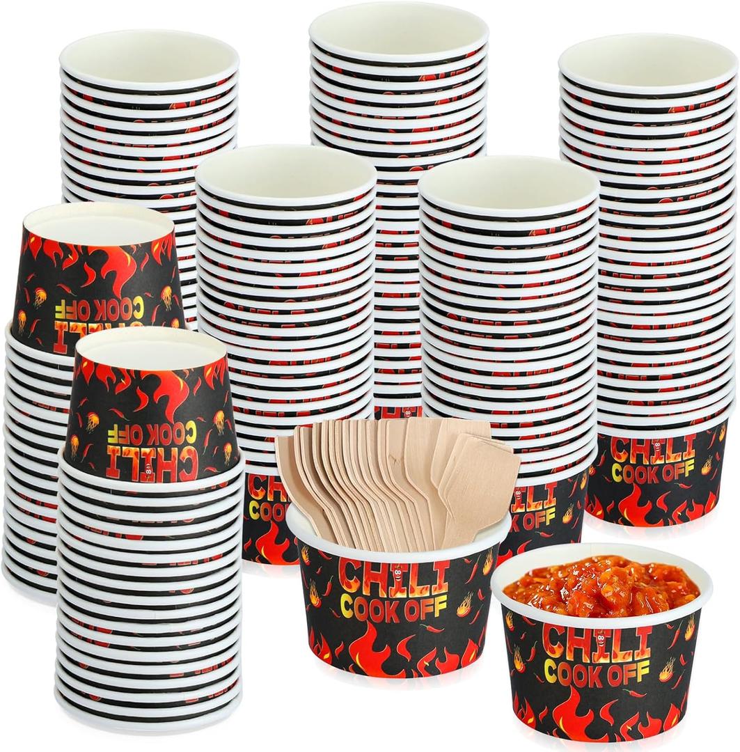 2 x Foxtell 400 Pcs Chili Cook Off Party Decorations Include 5 oz Chili Cook off Tasting Cups and Plastic Spoon for Competition Mexican Party cooking Supplies (200 cups & 200 spoons)