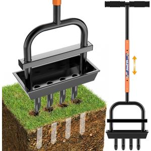Updated Lawn Aerator Tool with Soil Core Collection Tray, Lawn Core Aerator Lawn Tool with 4 Tines Manual Grass Aerator, Spike Lawn Coring Aerator for Yard Lawn Aeration Soil Loosening, Coral