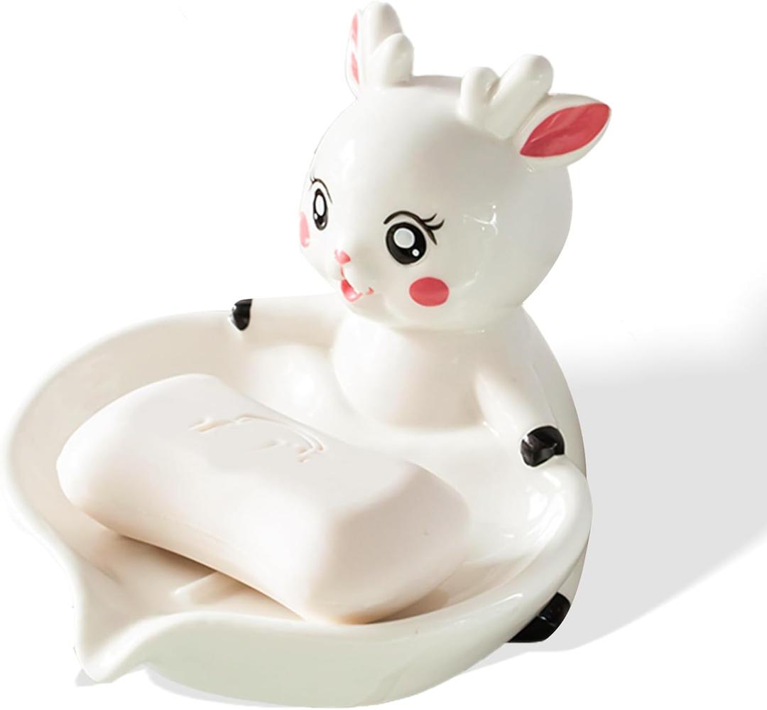 Cute Rabbit Shape Self-Draining Ceramic Soap Dish for Bathroom, Kitchen, Sink & Shower, Easy to Clean, Keeps Soap Dry, Durable & Stylish Cartoon Design, Perfect for Home Dcor.