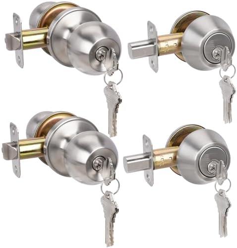 HOSOM 2 Pack Entry Door Knob and Single Cylinder Deadbolt Lock Set, Exterior Door Lock Set, Keyed Alike Entry Door Locksets with Deadbolt for Entrance and Front Door, Satin Nickel