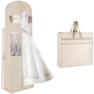 KEEGH Wedding Dress Garment Bag, 72” Tri-fold Bridal Dress Bags for Gowns, With Accessory Pockets and Adjustable Buckle Dress Cover for Wedding/Prom/Travel/Closet Storage (Beige)