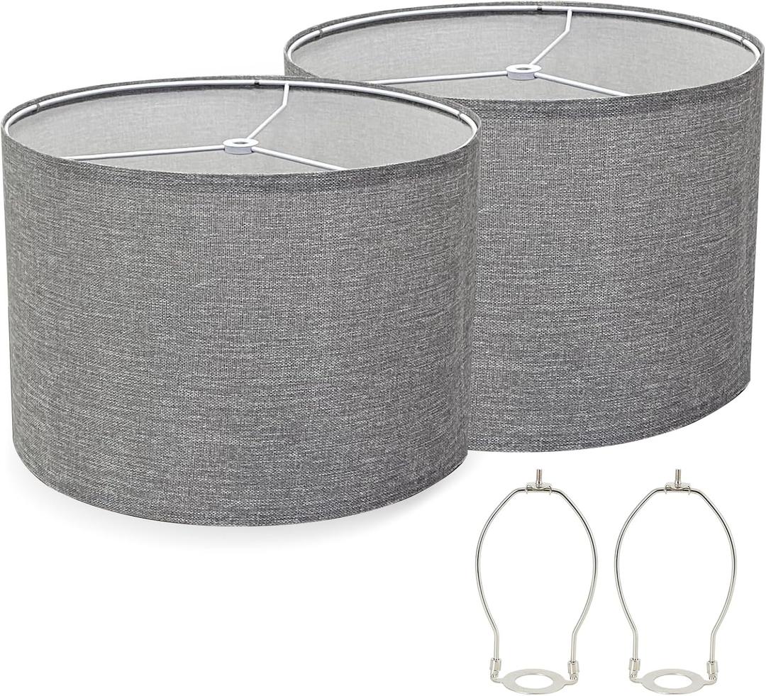 Gray Drum Lampshades Set of 2, Natural Linen 13" Top x 13" Bottom x 7.9" High, Easy Assembly Fabric Lampshades for Table Lamps Floor Lamps, Lamp Shade Harp Holder Included