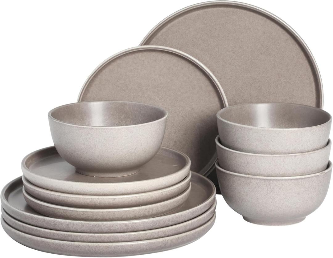 Gibson Elite 12 Piece (Service for 4) Eden Rock Plates and Bowls Reactive Glaze Round Dishes Stoneware Ceramic Dinnerware Set - Matte Brown (Service for Four (12pcs))