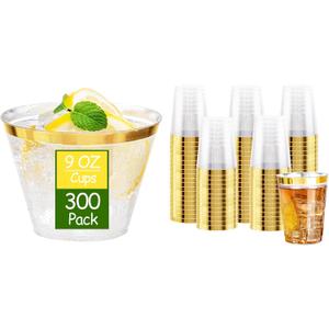 Ciaell 300PCS Gold Plastic Cups  9Oz Heavy Duty Plastic Cups  Gold Rimmed Disposable Cup  Disposable Clear Wine Cup with Gold Rim for Party & Wedding