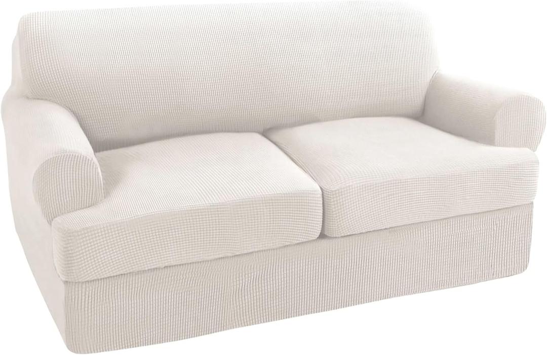 Turquoize 3 Piece T Cushion Loveseat Slipcovers Sofa Cover for 2 Cushion Couch Cover Washable Sofa Slipcover Furniture Covers with 2 Individual T Cushion Seat Covers (2 Cushion Loveseat, Ivory)