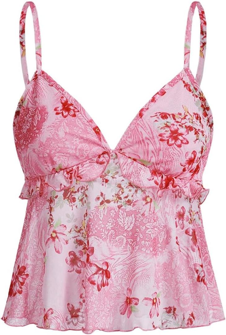 Milumia Women's Floral Mesh Cami Crop Top V Neck Ruffle Spaghetti Strap Tank Tops (Medium, Pink)