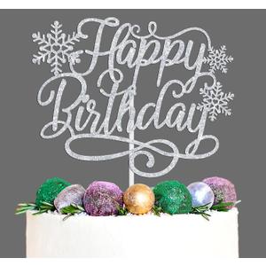 Snowflake Happy Birthday Cake Topper, Winter Birthday in November/January, Christmas Bday Party Decorations Supplies for Men Women
