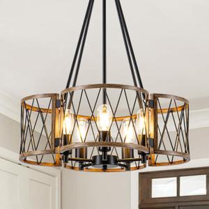 20.8'' Farmhouse Chandeliers for Dining Room, 5-Light Rustic Chandelier Wood Grain Metal Round Hanging Light Fixture, Vintage Drum Pendant Lights for Living Room, Bedroom, Kitchen, Entryway
