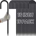 AAGUT Rebar Stakes 16 Inch Heavy Duty 1/2 Inch Diameter J Hook, 16 Pack Black Coated Ground Anchors Chain Link Fence Stakes with Chisel Point End for Large Canopies, Outdoor Inflatables, Swing Set