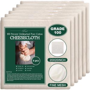 6Pcs 20x20Inch Cheese Cloth, 100Percent Organic Unbleached Pure Cotton Muslin Cloth, Reusable Cheesecloth, Premium Cheesecloth for Straining, Cooking, Bread, Butter