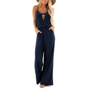 Lacozy Womens Casual Loose Sleeveless Spaghetti Strap Wide Leg Pants Jumpsuit Rompers (Blue, S)