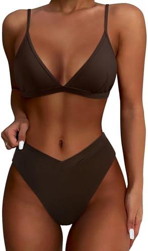 SUUKSESS Women Triangle High Cut Bikini Sets Sexy High Waisted 2 Piece Swimsuit, Large