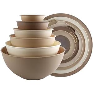COOK WITH COLOR Mixing Bowls with TPR Lids - 12 Piece Plastic Nesting Bowls Set includes 6 Prep Bowls and 6 Lids, Microwave Safe (Brown)