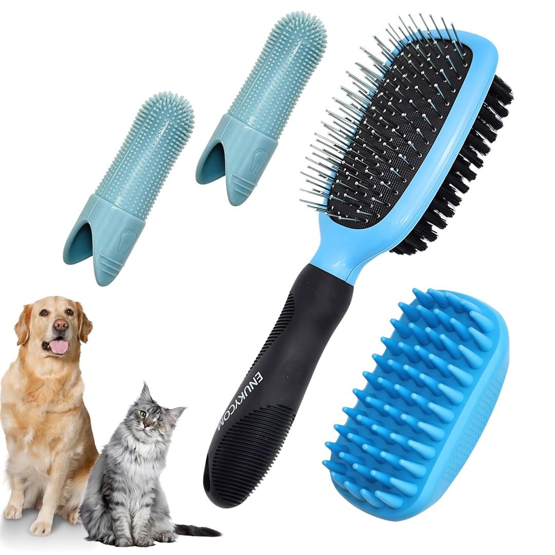 Double-Sided Pet Dog Cat Brush for Detangling Deshedding & Removing Small Mats plus Rubber Dog Bath Brush for Grooming, Shedding, Massage & Skin Care Brush - Best Pet Detangler Brushes