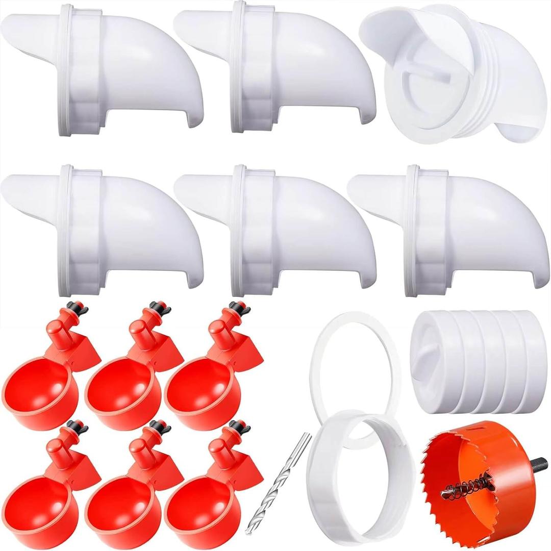 No Waste Chicken Feeder and Waterer Set,with Rat Stopper Caps,6 Ports 6 Chicken Water Cups and Hole Saw,DIY Poultry Feeder Port Gravity Automatic Fed Kit for Buckets,Barrels,Bins,Troughs
