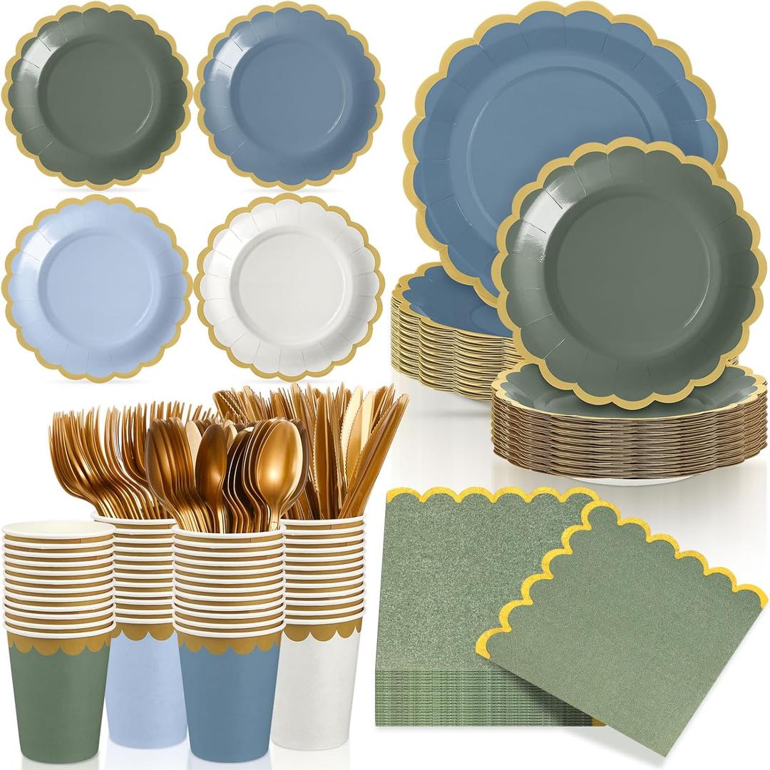 Mimorou 169 Pcs Blue and Sage Green Plates and Napkins Party Supplies for Guests Dusty Blue Tableware Include Scalloped Plates Paper Napkin Cup Spoon Fork Knife for Baby Shower, Wedding, Birthday