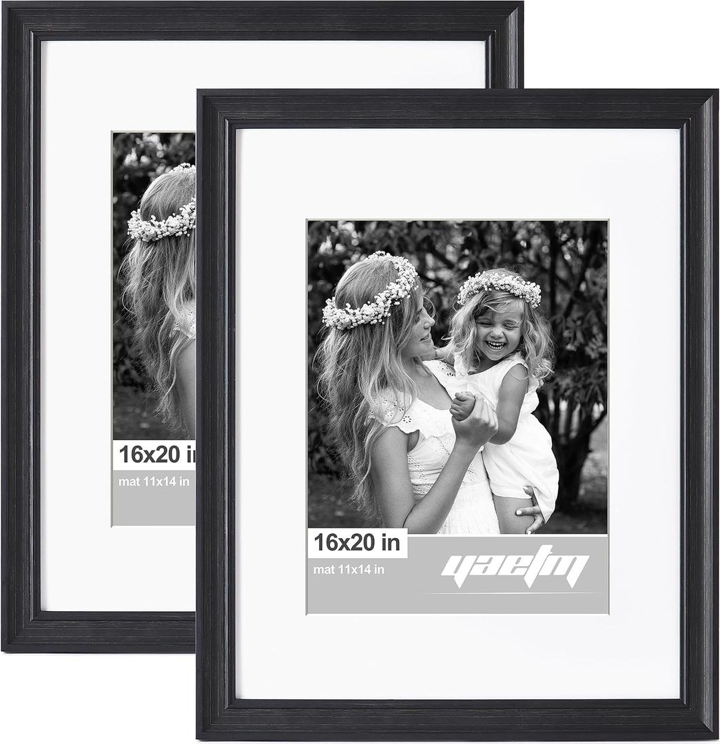 Yaetm 16x20 Picture Frame Matted to 11x14 Set of 2, 1.4" Wide Molding & Distressed Black Poster Frames 16x20 for Wall Gallery, Home and Office, Wall Mount (2 pack, Black)