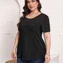 Plus Size Tunic Tops for Women Summer Short Sleeve Crewneck Trendy Pleated Loose Fit T-Shirts Blouses for Leggings Black 3X (XXL)
