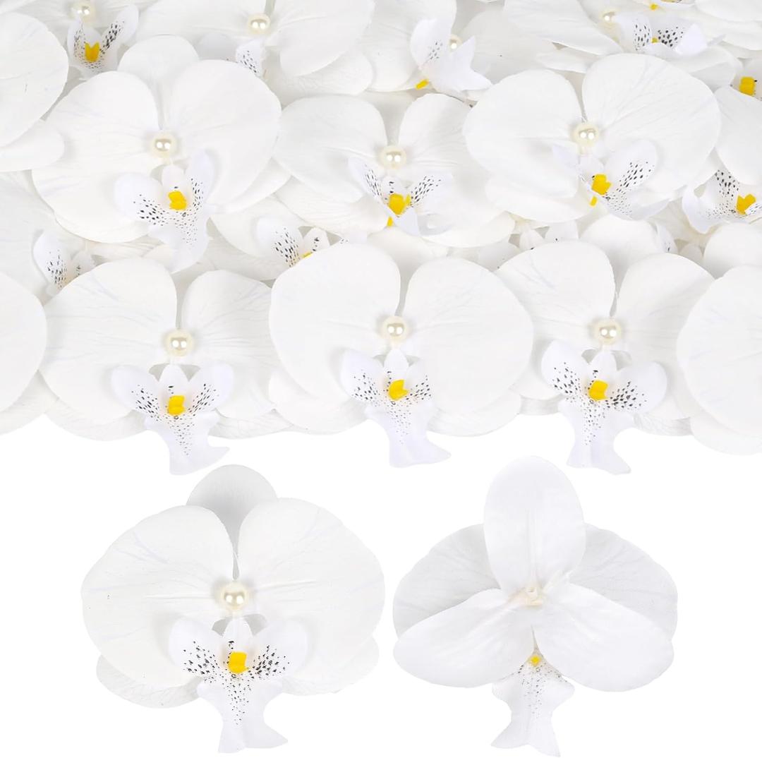 White Orchid Flower Heads,30PCS Silk Faux Phalaenopsis Orchid Heads with Pearl for Wedding Cake Topper DIY Crafts Hair Accessories Party Home Decor (White)