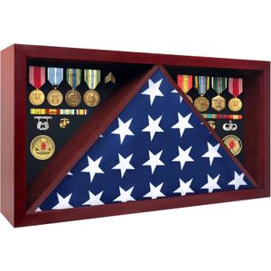 Large Military Shadow Box - Solid Wood Flag Case for 5' x 9.5' American Veteran Burial Flag, Velvet Like Felt Lining for Medals, and Polished Plexiglass (Mahogany)