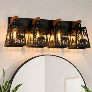 Rustic Bathroom Light Fixtures-Deer Bear, 4 Light Metal Wooden, 29.5" (L) x 7.5" (W) x 8.8" (H)