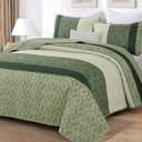 Cottolester Green Full Quilt Set,Striped Plaid Bedspread Coverlet Set,Khaki Boho Summer Bedding Set Soft Microfiber Bedding Set with 2 Pillow Shams 78"x90"