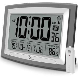 WallarGe Atomic Clock with Outdoor and Indoor Temperature - 12.5 Inch Self-Setting Digital Clock Large Display, Battery Operated Wall Clocks or Desk Clocks for Bedroom, Livingroom, Office, Grey