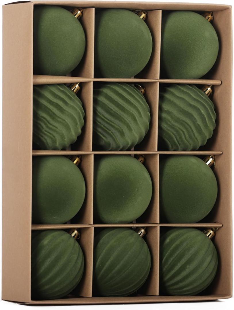 Senjie 3.15inch Christmas Tree Ornaments Velvet Balls,12PCS Flocked Decoration Balls Ornaments Sets for Christmas 2025 Green