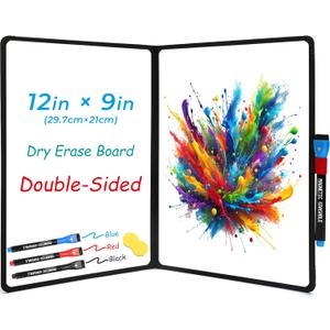 Double-Sided White Board 12x9 inch - Ultra-Thin 0.3" Portable Dry Erase Board with 3 Markers & Anti-Ghosting Surface | Magnetic-Ready | Foldable for Office, School, Travel, Homeschool (Black)