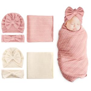 DRESHOW BQUBO Newborn Receiving Blanket Headband Hat Set for Baby, Unisex Baby Boys Girls Essentials, Newborn Registry Must Haves, Stroller Crib Shower Gifts (2 Sets: Hat + Hairband + Blanket (Pink + Beige))