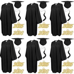 6Pcs Graduation Cap and Gown with Matching Tassels 2026 2025 Year Charm for High School University (Black, M)