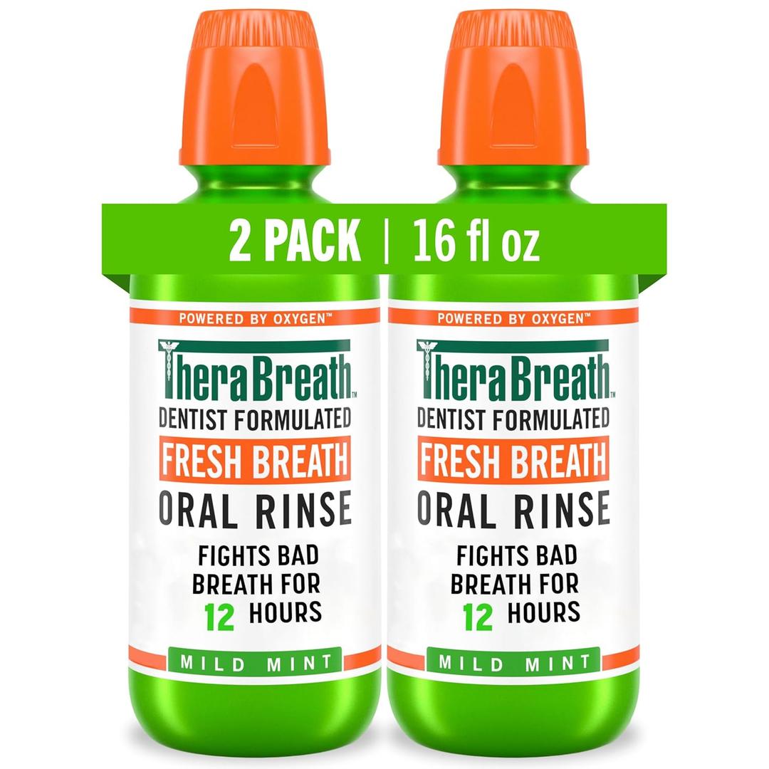 TheraBreath Fresh Breath Mouthwash, Mild Mint Flavor, Alcohol-Free, 16 Fl Oz (2-Pack) EXP: 09/2028