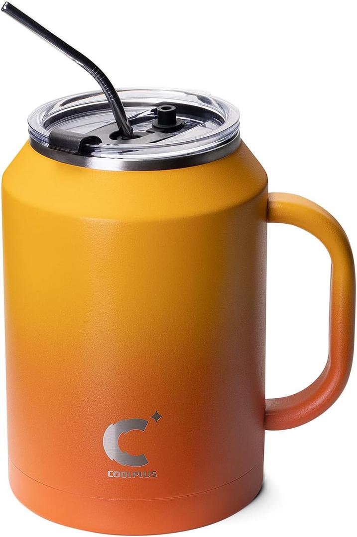 Coolplus 50oz Mug Tumbler with Handle and Straw, Large Stainless Steel Travel Insulated Water Cup with 2-in-1 Lid, Double Wall Metal Keep Cold 36 hrs, Sweet Proof BPA-Free, Sunset Yellow