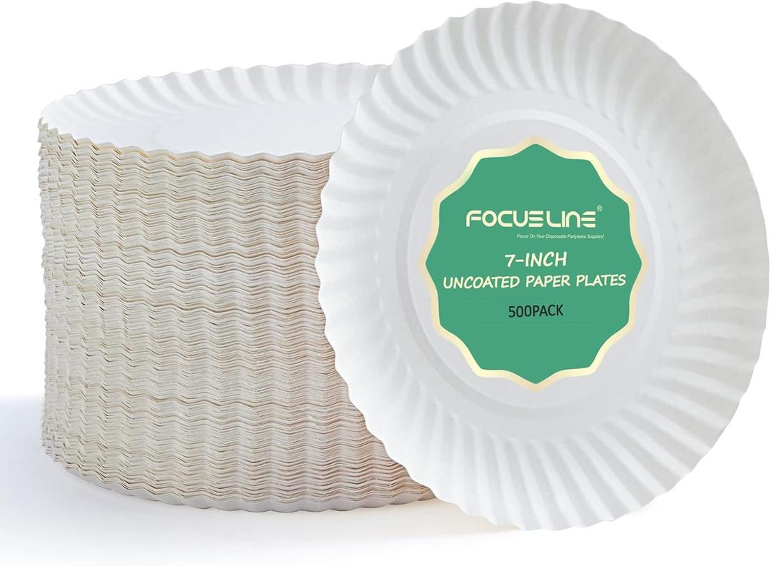 FOCUSLINE 7 Inch White Paper Plates, Uncoated Paper Plate, Everyday Disposable Dessert Plates 7" Plate Bulk, Pack of 500 Count