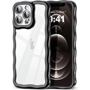 2 x SKYLMW Compatible with iPhone 12 Pro Max Case, Kawaii Cute Curly Wave Frame Luxury Plating Edge, Stylish Glossy Clear Back, Soft TPU Shockproof Protective Cases for iPhone 12 Pro Max, Black