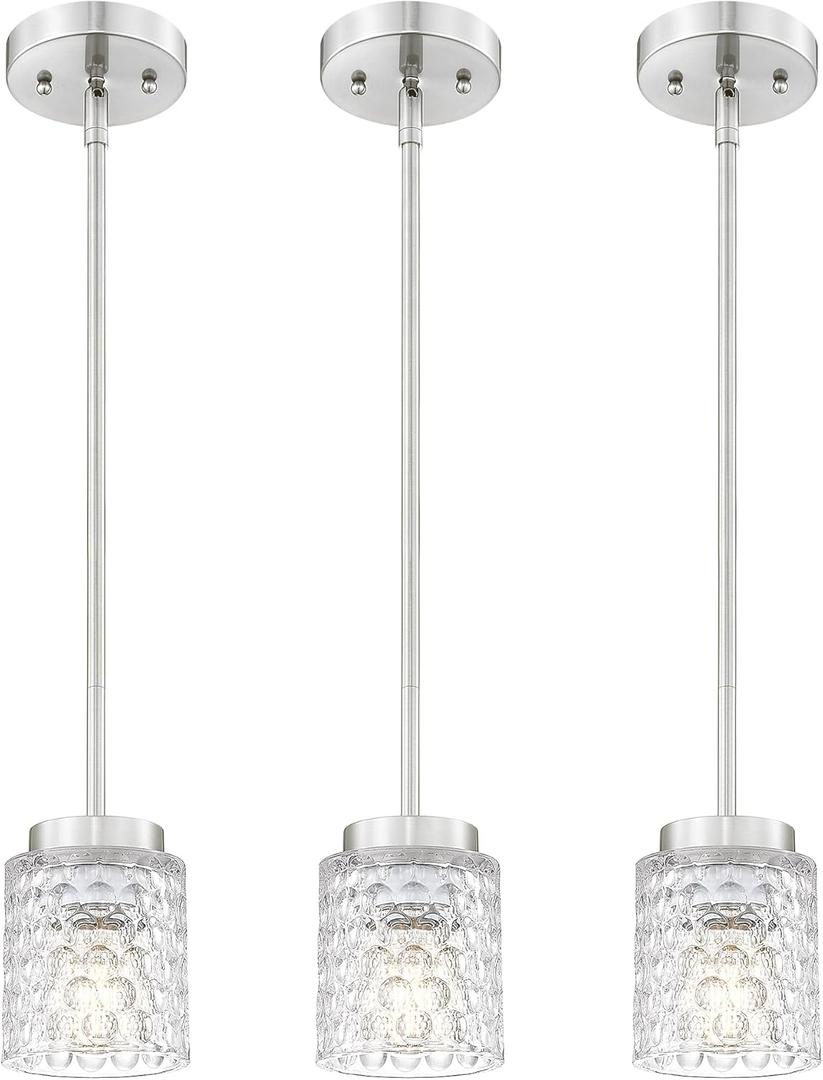 FEMILA 3 Pack Brushed Nickel Pendant Lighting,4" Mini Glass Pendant Light for Kitchen Island, Pendant Light Vintage Light Fixtures for Bedroom, Hotel, Dining Room, 4FY86MIL3PK BN