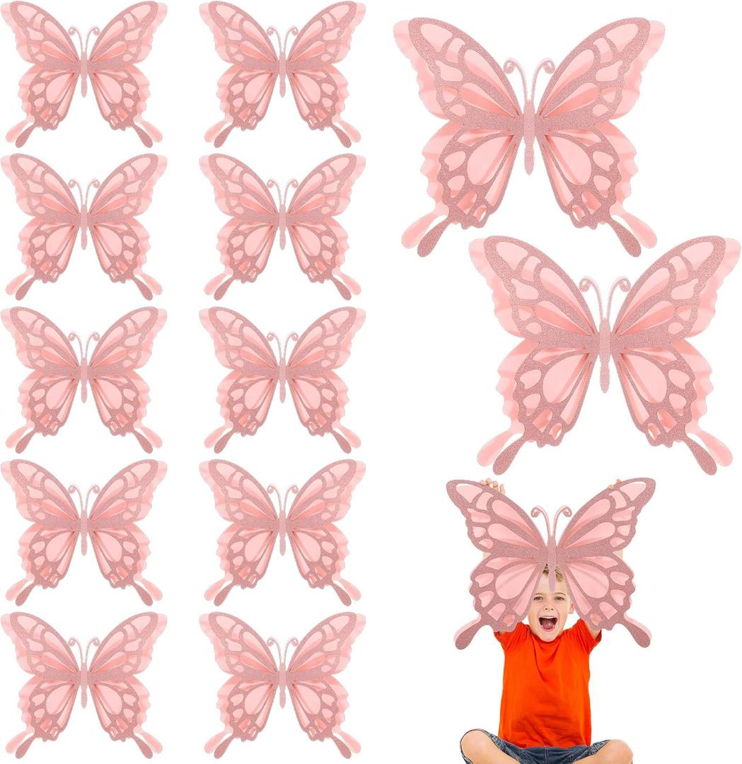 Geyee 12 Pcs 3D Large Butterfly Party Decoration Paper Stickers in 2 Different Size Butterfly Wall Mural Set for Birthday Baby Shower Nursery Bedroom Wedding(Champagne)