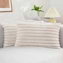 decorUhome Faux Fur Throw Pillow Covers 12x20 Set of 2, Decorative Soft Plush Striped Lumbar Neutral Couch Euro Pillow Covers with Velvet Back for Sofa, Bed, Living Room Home Decor, Beige