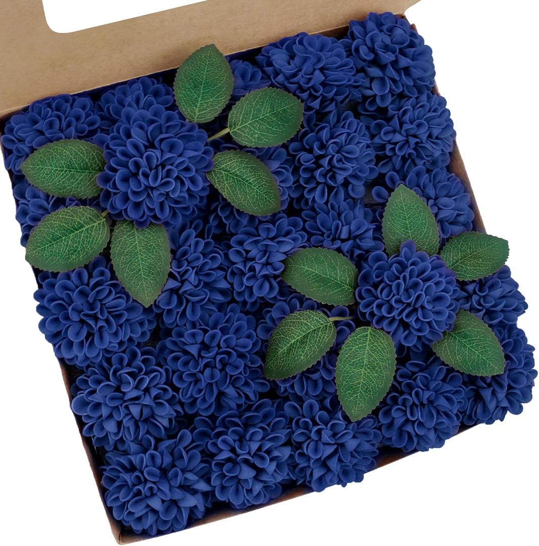 Artificial Flowers, 25pcs Realistic Artificial Rose for DIY Wedding Bouquets Centerpieces Arrangements, Sage Green Dahlia Flowers with Stem for Bridal Shower Party Home Decorations, Blue 
