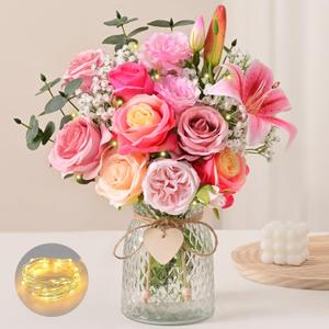 Livole 22Pcs Fake Flowers with Vase Silk Pink Artificial Flowers in Vase with Light Fake Plant Eucalyptus Flower Arrangement for Table Centerpieces Decor for Living Room Coffee Home Farmhouse