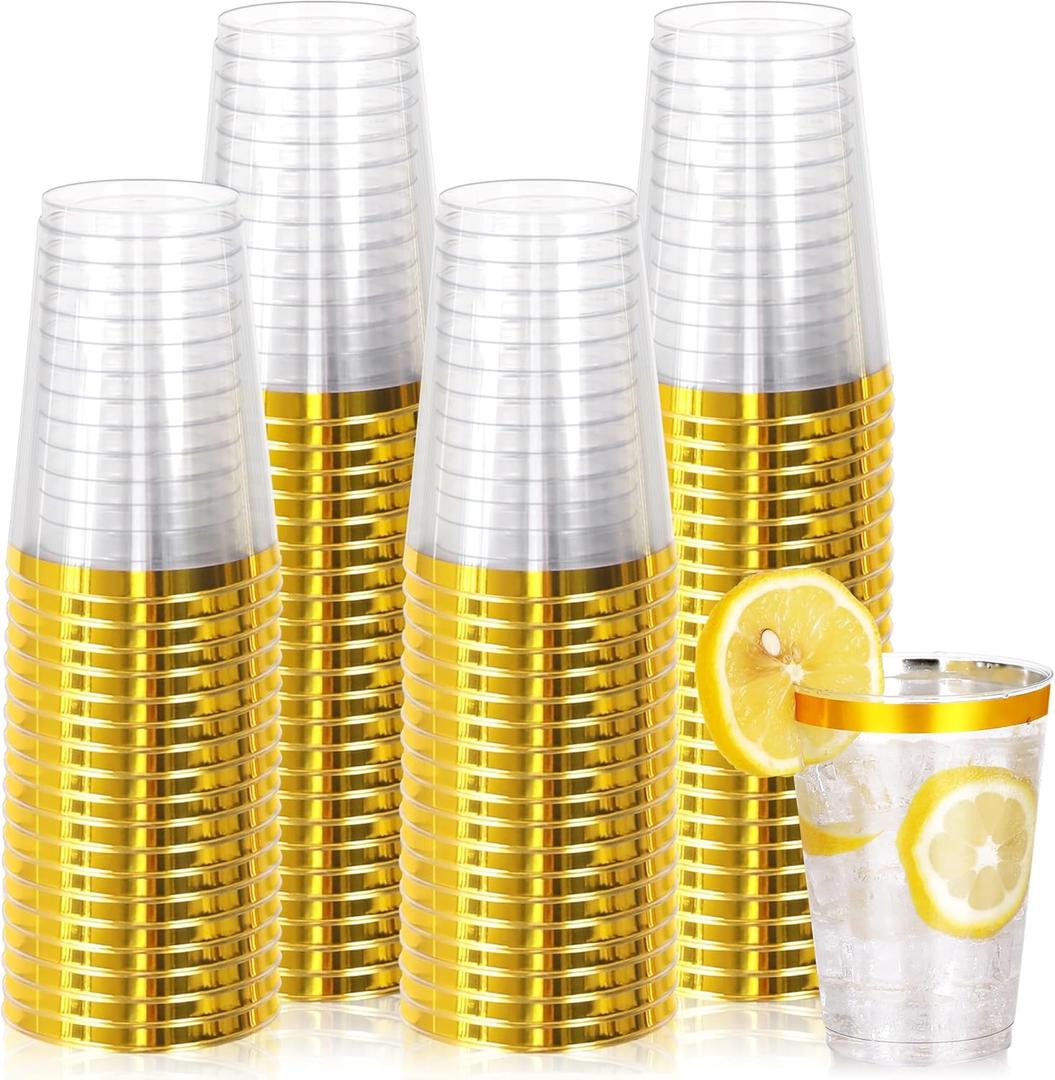 100 Pcs Gold Plastic Cups,12oz Gold Rimmed Plastic Cups,Heavy Duty Disposable Plastiic Wine Glasses Cocktail Glasses Premium Cup with Gold Rim for Party,Wedding,Christmas