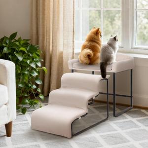 Dog Window Perch with Stairs,Pet Steps for Small Dogs &Cat,Pet Bunk Bed Dog Steps with Seat Elevated Platform Bed Indoor Dogs Ramp Ladder with Foam Upholstery