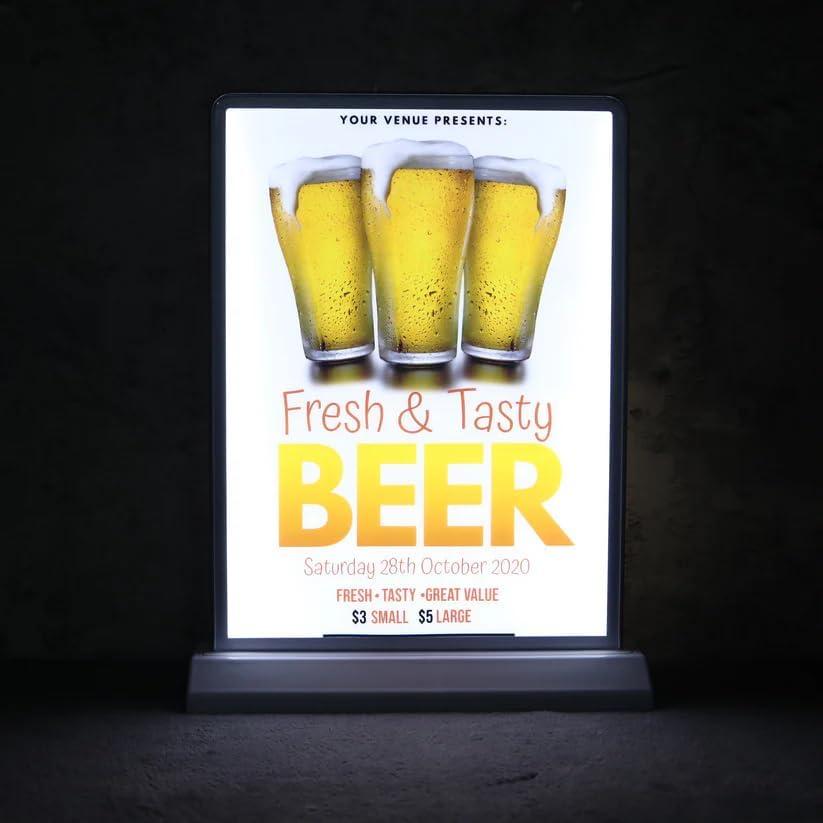 A4 Desktop Display Double Side Advertising Light Box Sign, LED Backlit Poster Frame, LED lightbox for Ads, Flyers, and Restaurant Menus, Silver, Menu Display