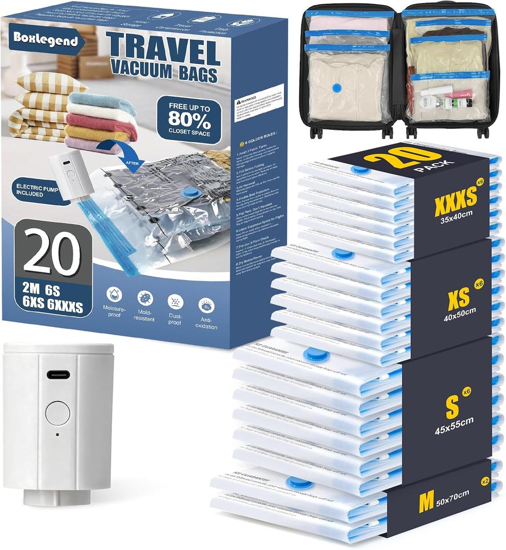 BoxLegend 20 Pack Travel Vacuum Storage Bags with Wireless USB Electric Pump (1200mAh) 4 Sizes for Luggage, Suitcase & Backpack Must-Have Travel Essentials Save 80% Space for Clothes & Packing