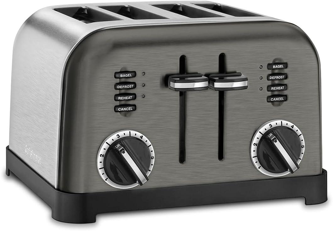 Cuisinart 4 Slice Toaster, Compact Stainless Steel Toaster with Extra-Wide Slots for Toasting Bread, French Toast, Bagels and Pastries, Defrost & Reheat Functions, CPT-180BKSP1, Black/Stainless Steel