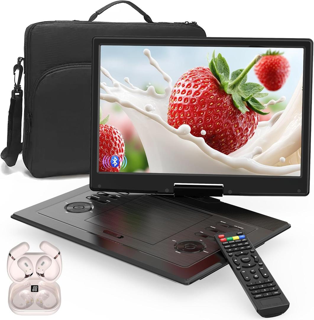 17.3" Portable DVD Player with Bluetooth Hadphones and Carrying Bag,15.4" Wide-Viewing-Angle HD Screen,6-Hours Rechargeable Battery,Car DVD Player for Kids,Support Bluetooth/HDMI in/AV/CD/VCD/DVD/USB