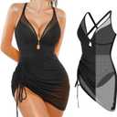 Popilush Swim Dress for Women One Piece Swimsuits Tummy Control Slimming Mesh Sheer Sarong Wraps Bathing Suits (S)