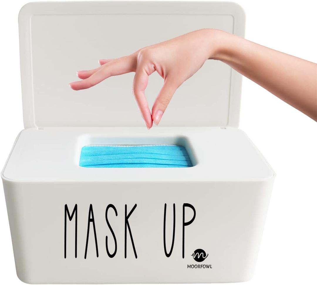 Moorfowl Face Mask Dispenser with Lid, Upgrade Size(8.2" L x 4.9" W x 3.9" H), Mask Container Storage Tabletop Face Covering Organizer Box for Home, Office, Entryways, Schools (White(Mask UP))