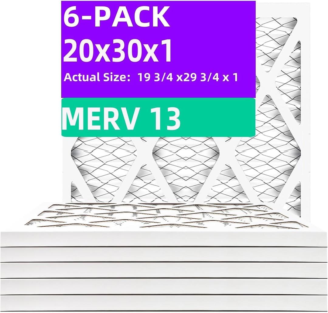 20x30x1 MERV 13 (6-Pack) Air Filter (Actual Size: 19.75"x29.75"x0.75") MPR 1900 & FPR 10, Furnace Air Filters, 20x30x1 air filter