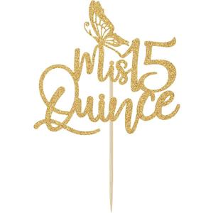 Mis Quince Gold Glitter Cake Topper, 15th Birthday Decorations, Feliz 15 Años, Cheers to 15 Years,